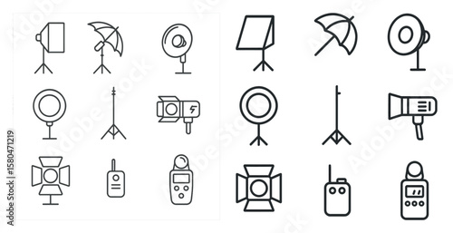 Set of icons for photography equipment. The icons include a camera, a light, a tripod, and a reflector