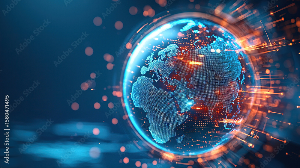 Obraz premium Digital representation of globe showcasing futuristic logistics command center with AI optimizing global connections. vibrant colors and intricate details evoke sense of advanced technology