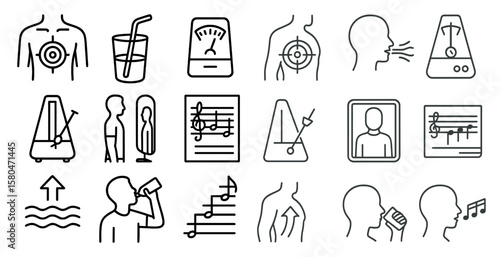 Set of icons that include a man drinking water, a man holding a cell phone, a man holding a cup, a man holding a cup of coffee, a man holding a cup of tea, a man holding a cup of juice, a man
