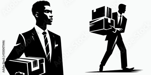 African American Business man Carrying box. Corporate Entrepreneurship Management Finance Marketing Clipart Line Art Vector Illustration. Male entrepreneur lugging package afro adult worker.