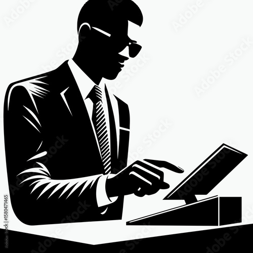 African American Business man checking in. Corporate Entrepreneurship Management Finance Marketing Clipart Line Art Vector Illustration. Black entrepreneur arriving lodging entrance for.