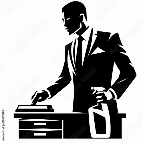 African American Business man cleaning room. Corporate Entrepreneurship Management Finance Marketing Clipart Line Art Vector Illustration. Afro-descent entrepreneur tidying a chamber upkeep.