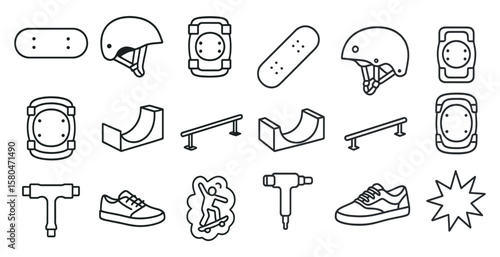 Collection of skateboard and helmet icons. The icons include a skateboard, a helmet, a skateboard tool, and a skateboard ramp. Concept of skateboarding and the importance of safety while doing so