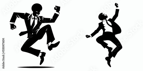 African American Business man Dancing happily. Corporate Entrepreneurship Management Finance Marketing Clipart Line Art Vector Illustration. Joyful black entrepreneur doing a happy jig.
