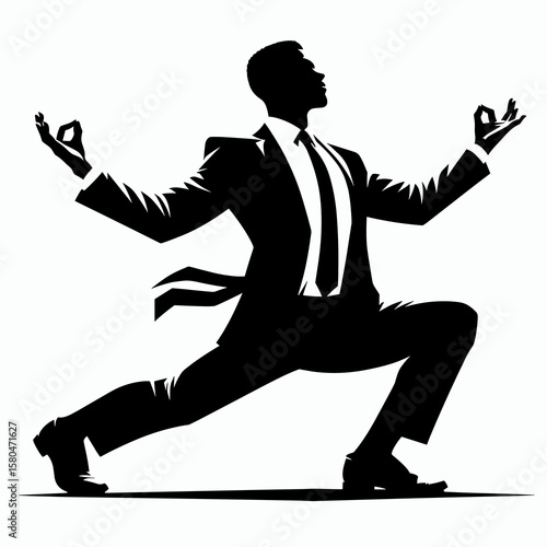 African American Business man doing yoga. Corporate Entrepreneurship Management Finance Marketing Clipart Line Art Vector Illustration. Black entrepreneur practicing mindful exercise.