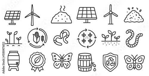Series of icons for various things related to the environment, including wind turbines, solar panels, and plants