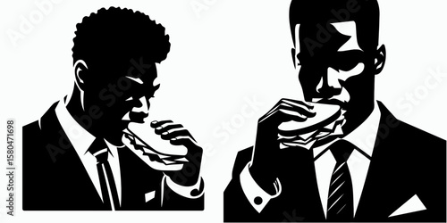 African American Business man Eating sandwich. Corporate Entrepreneurship Management Finance Marketing Clipart Line Art Vector Illustration. Male of descent at work enjoying lunchtime meal.
