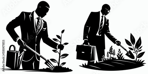 African American Business man Gardening outdoors. Corporate Entrepreneurship Management Finance Marketing Clipart Line Art Vector Illustration. Black entrepreneur tending plant life outside.