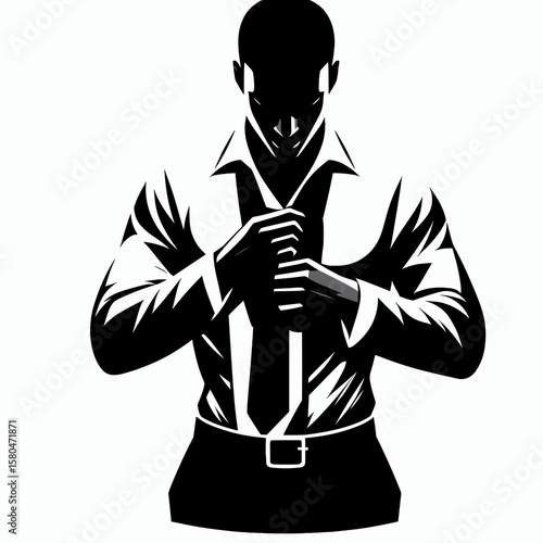 African American Business man getting dressed. Corporate Entrepreneurship Management Finance Marketing Clipart Line Art Vector Illustration. Male of color attire a professional leader preps.