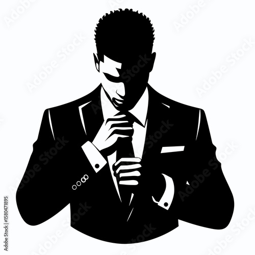 African American Business man getting dressed. Corporate Entrepreneurship Management Finance Marketing Clipart Line Art Vector Illustration. Male of color preparing apparel for work.