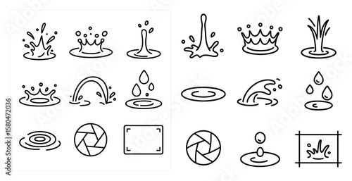 The image is a collection of various water droplet shapes and sizes. The droplets are scattered across the image, with some appearing larger and more prominent than others. Scene is one of fluidity