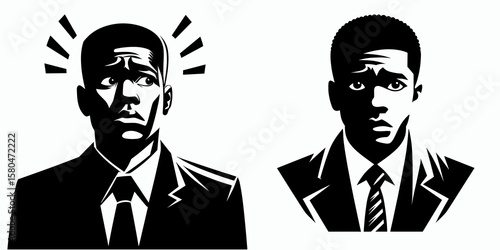 African American Business man Looking anxious. Corporate Entrepreneurship Management Finance Marketing Clipart Line Art Vector Illustration. Male of descent in position showing worry.