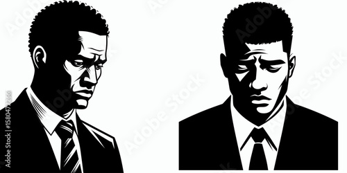 African American Business man Looking disheartened. Corporate Entrepreneurship Management Finance Marketing Clipart Line Art Vector Illustration. Black entrepreneur feeling low having.