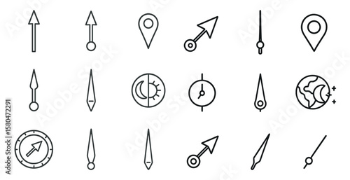 Set of 12 different arrow and compass icons. The arrows are pointing in different directions and the compasses are pointing to different places