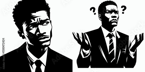 African American Business man Looking exasperated. Corporate Entrepreneurship Management Finance Marketing Clipart Line Art Vector Illustration. Black entrepreneur showing frustration upset.