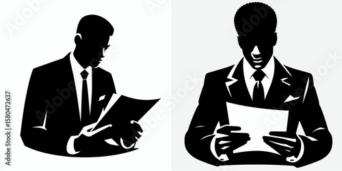 African American Business man reading report. Corporate Entrepreneurship Management Finance Marketing Clipart Line Art Vector Illustration. Male entrepreneur of descent viewing official.