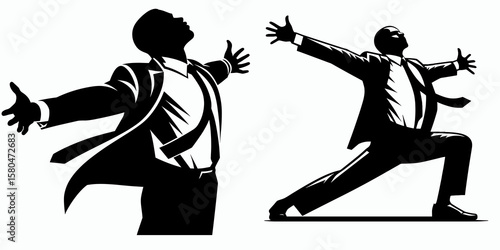 African American Business man Stretching arms. Corporate Entrepreneurship Management Finance Marketing Clipart Line Art Vector Illustration. .