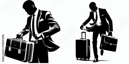 African American Business man Zipping suitcase. Corporate Entrepreneurship Management Finance Marketing Clipart Line Art Vector Illustration. Afro-descent entrepreneur packing valise.