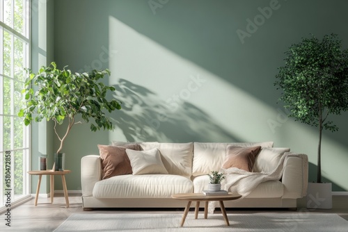 Neutral-toned living room with natural light, modern sofa, ficus benjamina and soft green walls