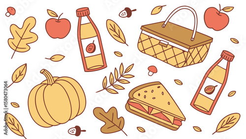 Illustration of a picnic basket with food items such as apples, pumpkin, sandwich, and juice bottles