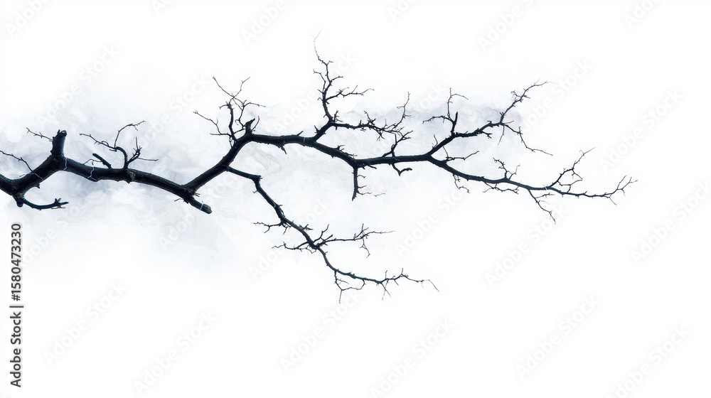 Dark, intricate tree branch stretches across white background, showcasing its delicate and twisted form, evoking sense of tranquility and nature Dark, intricate tree branch stretches across white background, showcasing its delicate and twisted form, evoking sense of tranquility and nature