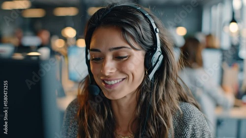 Smiling woman with headset in a busy office setting, looking right