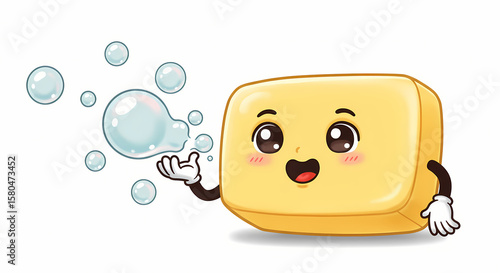 Cute Soap Cartoon Character Blowing Bubbles: Perfect for Cleaning & Hygiene!