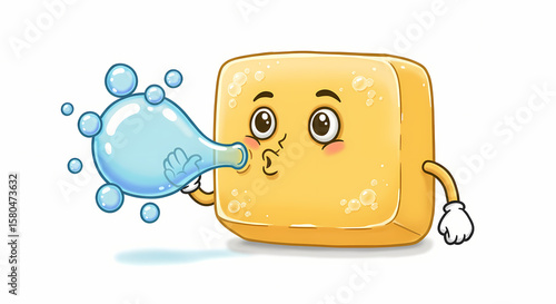 Cute Soap Cartoon Character Blowing Bubbles: Cleanliness Illustration