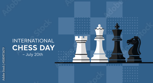 Celebrating International Chess Day with iconic pieces like the king, queen, rook, and knight, set against a stylish blue background.