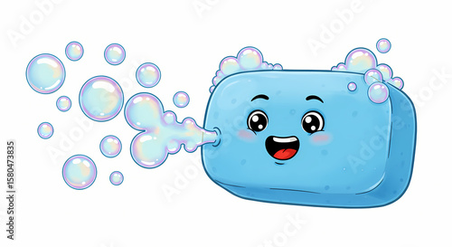 Happy Soap Bar: Cartoon Illustration of Bubbles & Hygiene