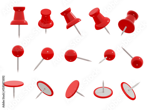 Set of realistic different red push pin shapes, isolated, in various angles. 3D vector illustration of round-head, flat-head, and classic office-style thumb tacks.
