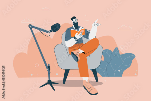 A male host is reading a book on the radio for a podcast. Online audio books, Microphone and headphones with books, Live narration, Podcast recording, Flat vector design illustration.