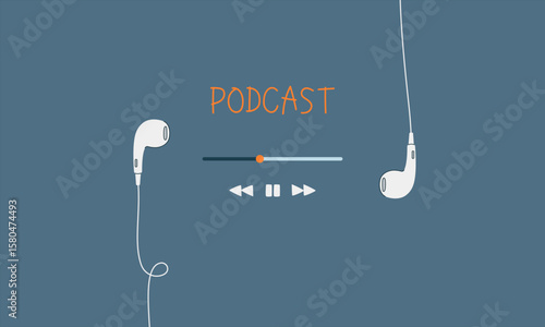 Earphones with cord, letter icons, time slider, play and pause buttons, back and forward buttons, podcast recording and listening, broadcasting, online radio. Flat vector design illustration.
