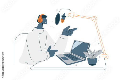 Male host talking into a microphone and wearing headphones, Recording in a home studio at home or work, Broadcasting live on a podcast channel and broadcasting on the internet or radio. Vector.
