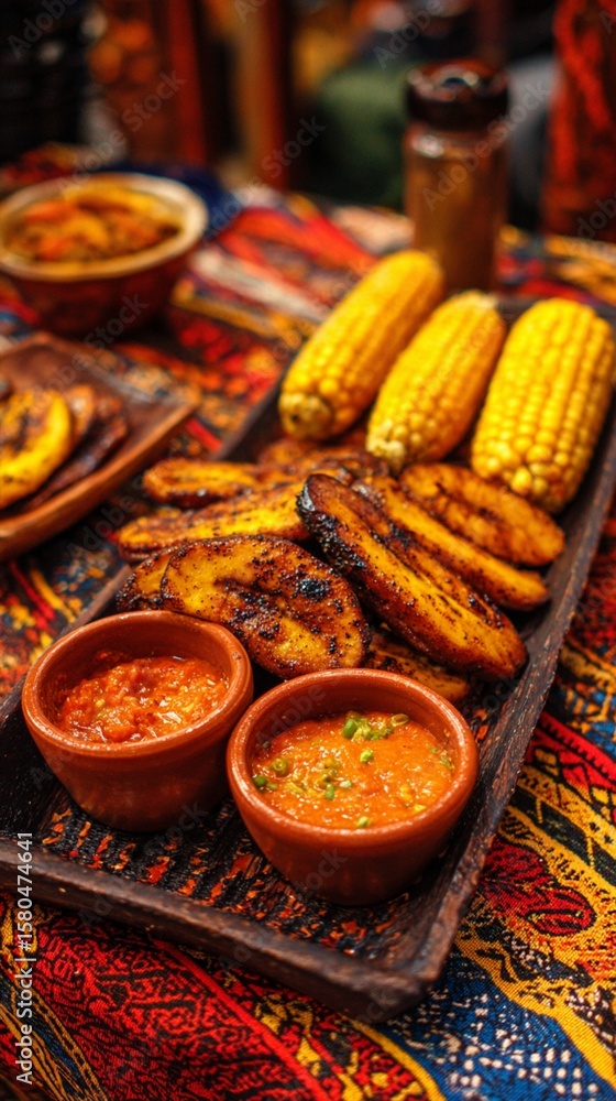 Fototapeta premium Vibrant street food scene showcasing golden grilled corn on rustic wooden board with spicy red sauce in traditional clay bowls, set against colorful ethnic textile background