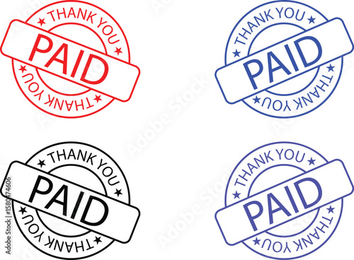  Four colorful circular stamps each with the word paid prominently displayed and surrounded by the words thank you