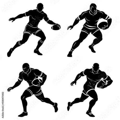 Four black silhouettes of rugby players running with a ball on a white background sport and athlete