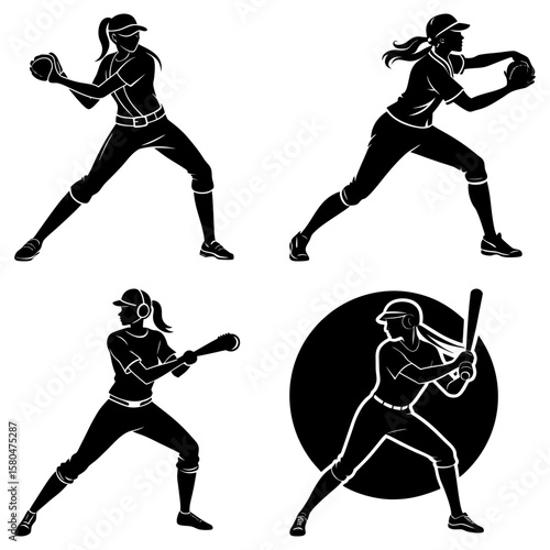Illustrations of female softball players in various poses and actions in a black and white color scheme