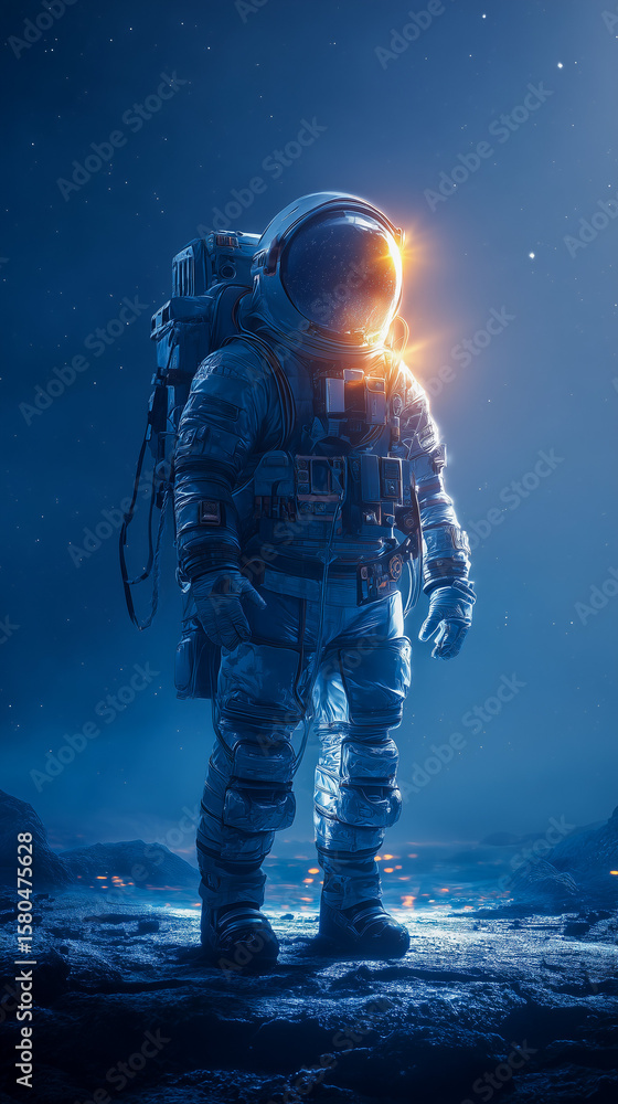 Fototapeta premium A solo astronaut in a detailed space suit stands on an alien planet under a vast, dark blue starry sky, illuminated by a dramatic golden glow emanating from the helmet.
