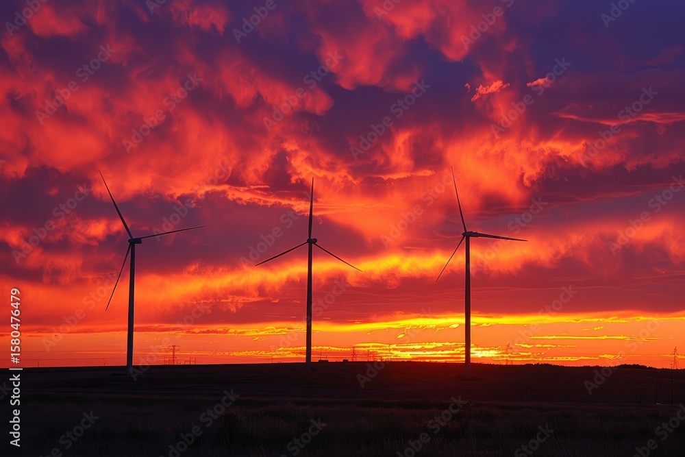 Obraz premium Wind turbines generating clean energy under a vibrant and dramatic red sunset sky