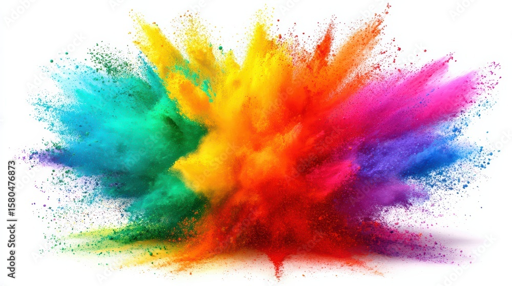 Fototapeta premium Vibrant colored powder explodes against a white background, creating a dynamic and energetic burst of rainbow hues