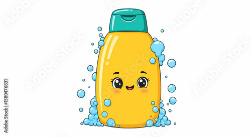 Cute Cartoon Shampoo Bottle: Product Packaging Design,  Bubble Illustration
