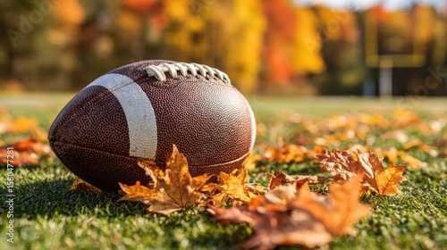Fototapeta Naklejka Na Ścianę i Meble -  A football rests on a field covered with autumn leaves, with blurred goalposts and colorful fall trees in the background
