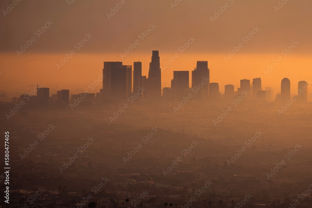 Fototapeta premium A hazy city skyline at sunset, with tall skyscrapers silhouetted against an orange sky and thick smog covering the urban landscape