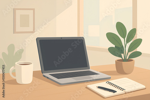 Wallpaper Mural Startup Office Desk Flat Illustration – Laptop, Coffee, Plant (AI Generated) Torontodigital.ca