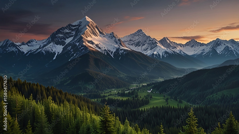 Obraz premium Epic Snowy Peaks and Lush Alpine Forest in Majestic Mountain View V2