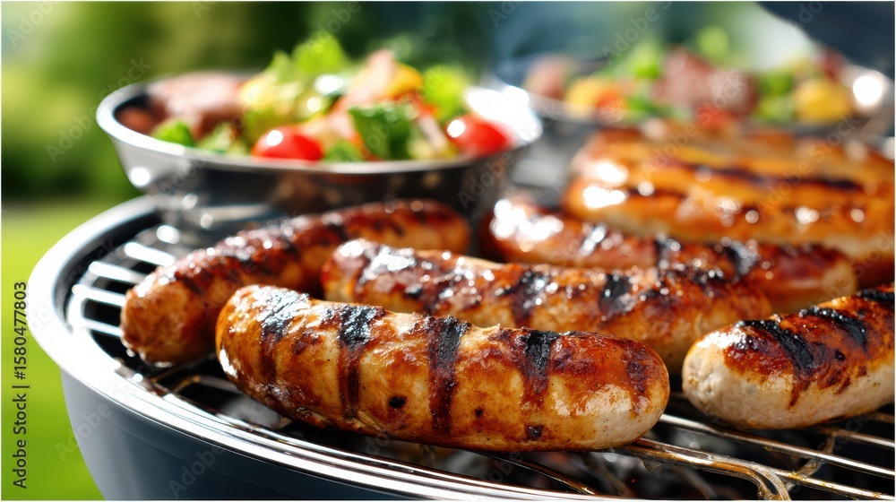 Juicy grilled sausages with char marks are cooking on a barbecue, accompanied by a fresh vegetable salad in the background Juicy grilled sausages with char marks are cooking on a barbecue, accompanied by a fresh vegetable salad in the background