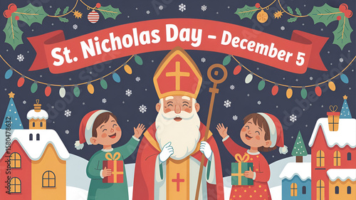 Saint Nicholas with two joyful children standing beside him, all smiling warmly. Saint Nicholas Day theme 