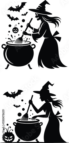 Witch stirring cauldron with bat and pumpkin halloween silhouette vector illustration set
