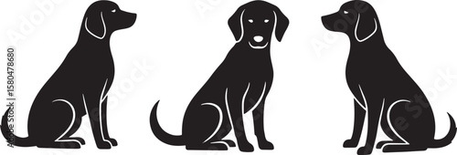Three black dogs sitting, each facing different directions, in silhouette form